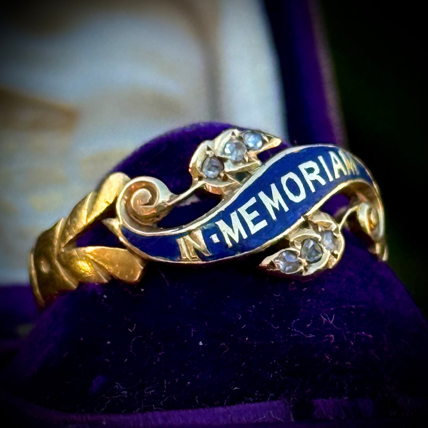 Antique Victorian Enamel & Diamond Mourning Ring