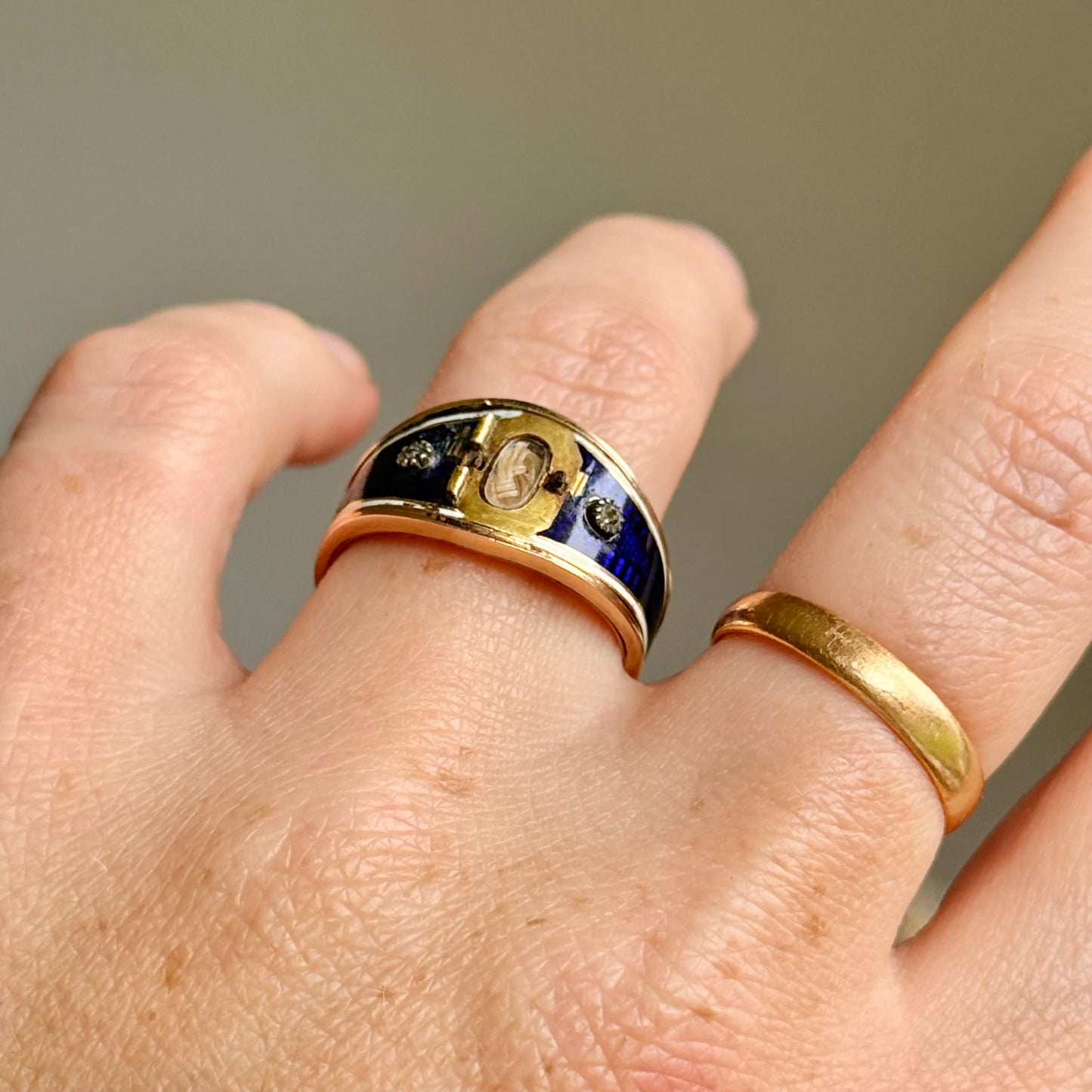 Antique Diamond & Enamel Locket Ring in 15 Carat Gold; Circa 1837