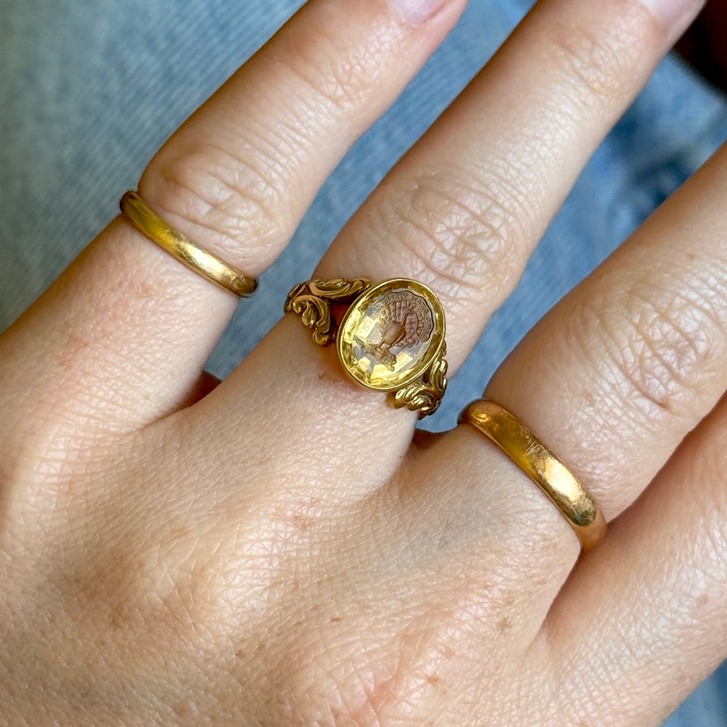 Sublime Citrine Intaglio Peacock Ring in 18 Carat Gold