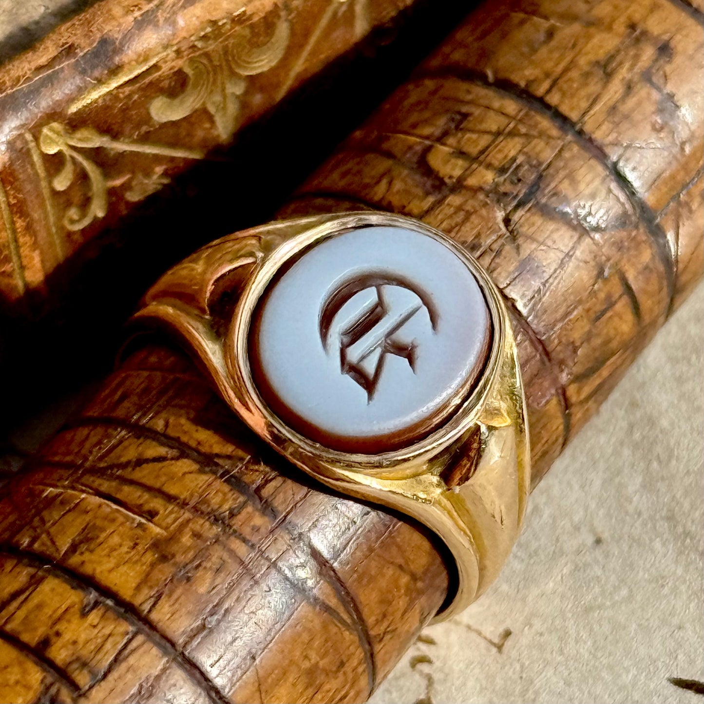 Antique Victorian Sardonyx Monogram 'G'Signet Ring in 15 Carat Gold; Circa 1883