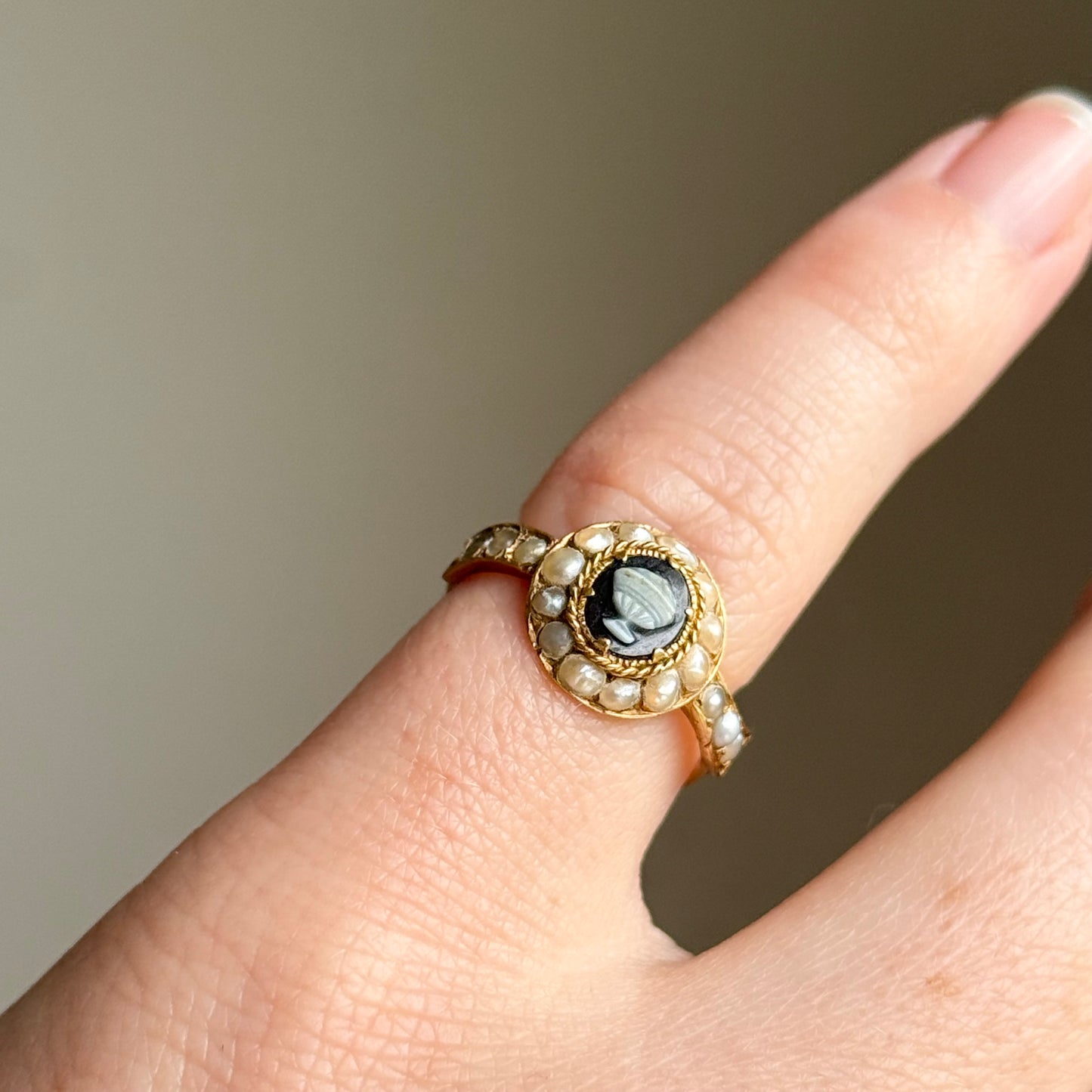 Antique Victorian Pearl Urn Mourning Ring in 15 Carat Gold