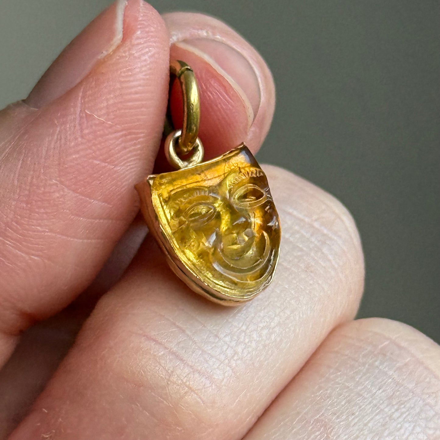 Antique Carved Citrine Comedy Mask Pendant in 18 Carat Gold