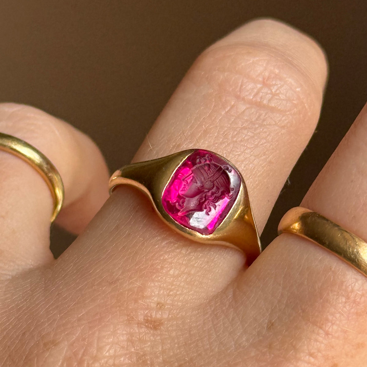 Antique Edwardian Goddess Intaglio Ring 18 Carat Gold; Circa 1900
