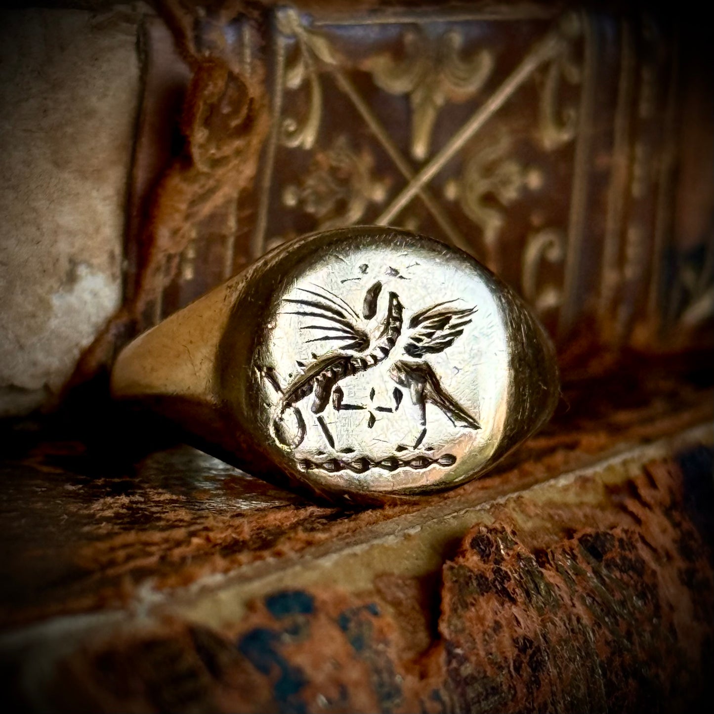 Vintage Duelling Dragons Signet Ring in 9 Carat Gold; Circa 1980