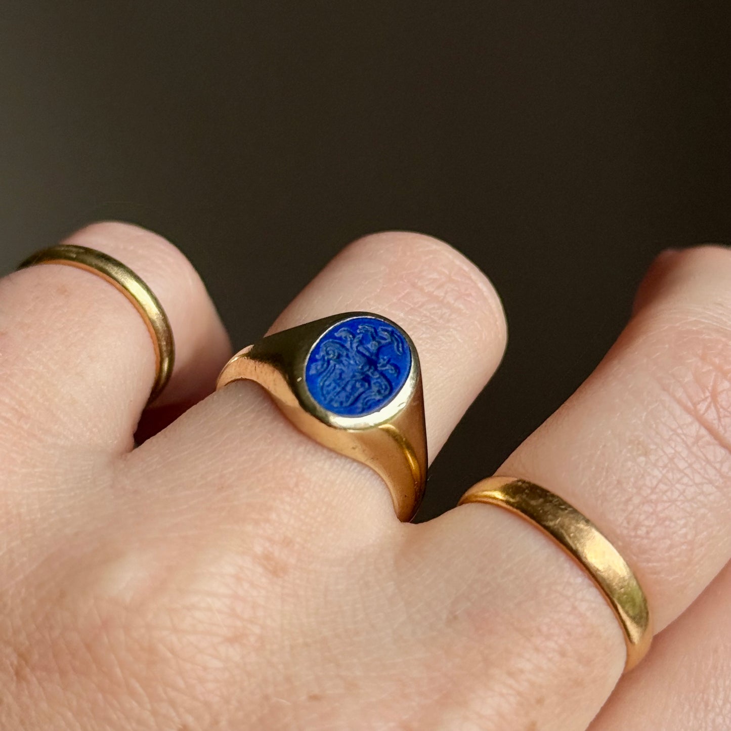 Vintage Lapis Lazuli Intaglio Signet Ring in 14 Carat Gold
