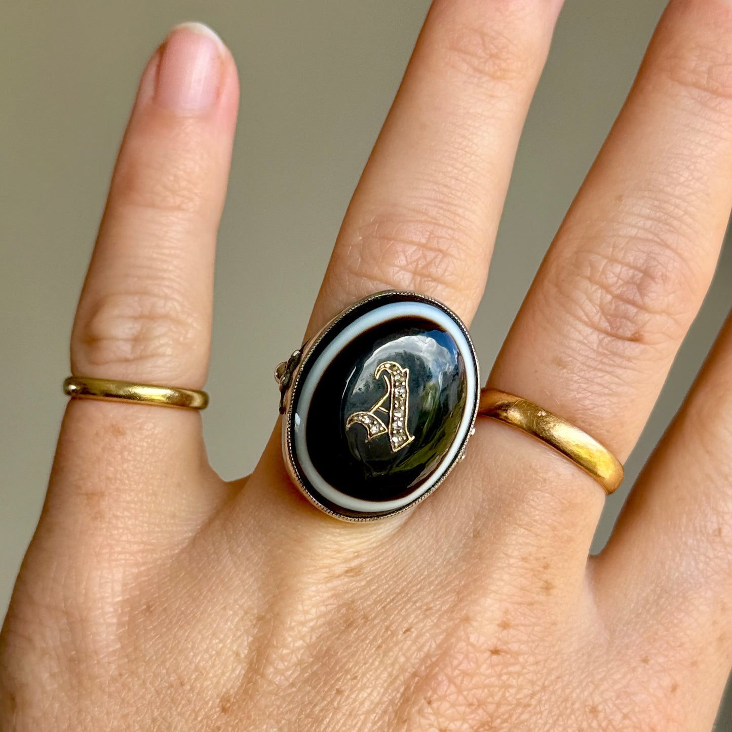 Victorian Banded Agate Diamond 'A' Ring in Sterling Silver Circa 1880