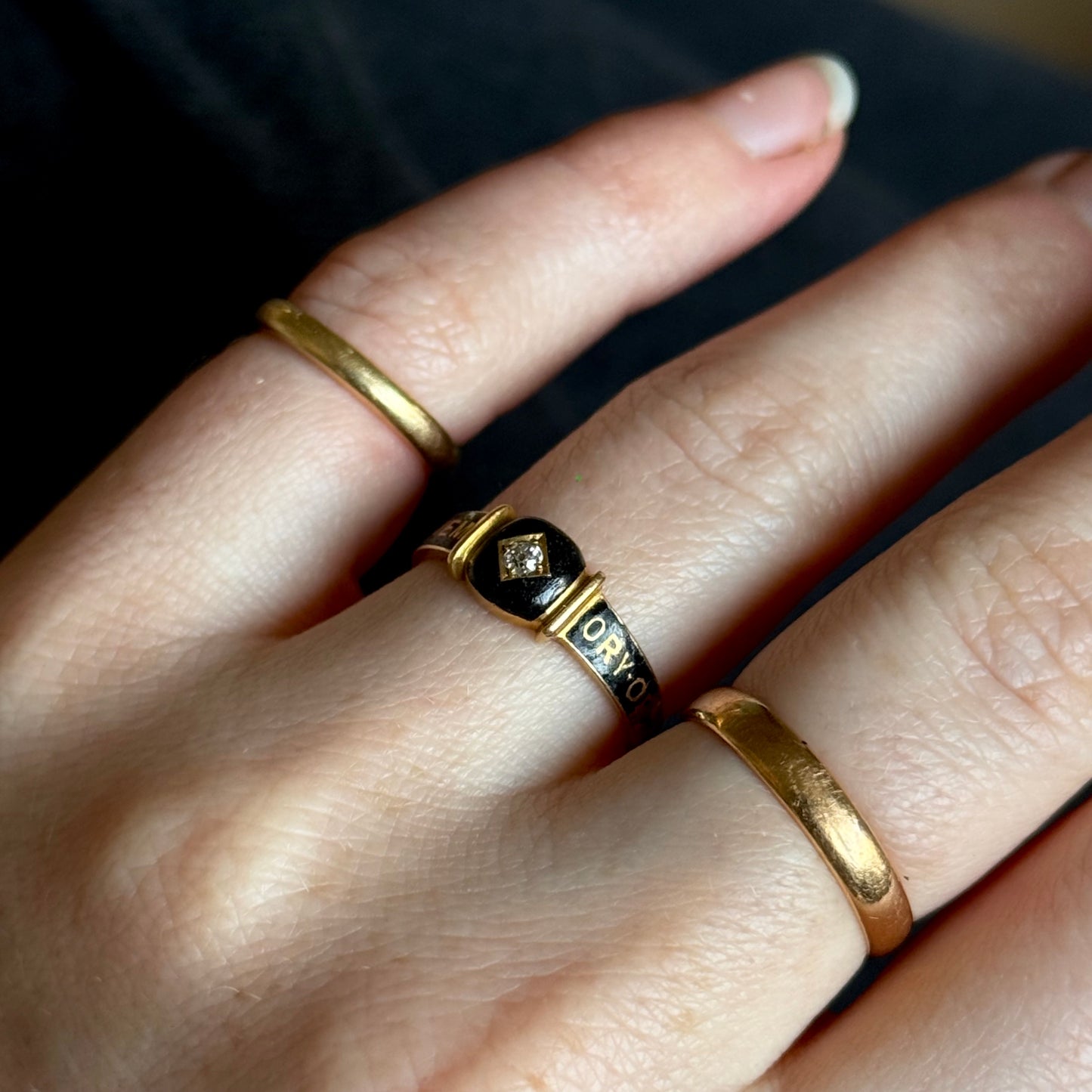 Antique Victorian Diamond Enamel Mourning Ring in 18 Carat Gold; Circa 1894