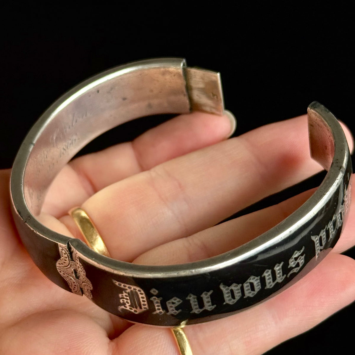 Antique Enamel Mourning Bangle in Silver; Circa 1866