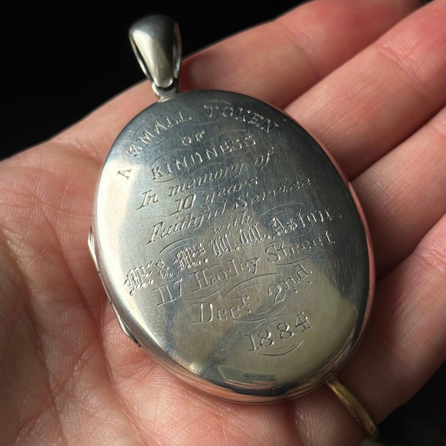 Victorian Engraved Presentation Locket Boxed; Circa 1884