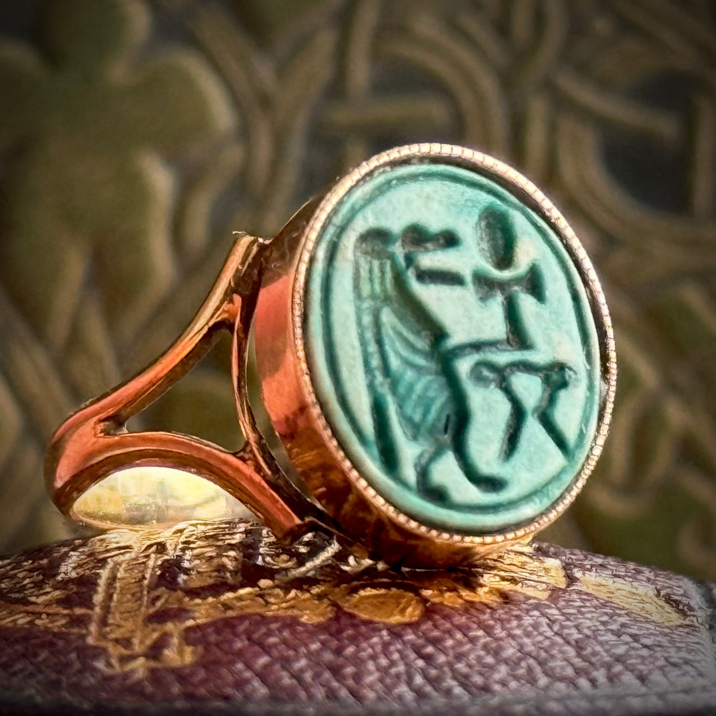 Antique Glazed Egyptian God Faience Ring in 9 Carat Gold