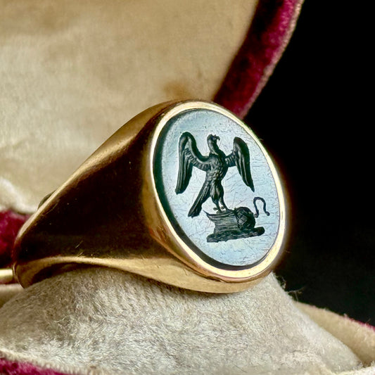 Vintage Bloodstone Intaglio Signet Ring in 9 Carat Gold; Circa 1982