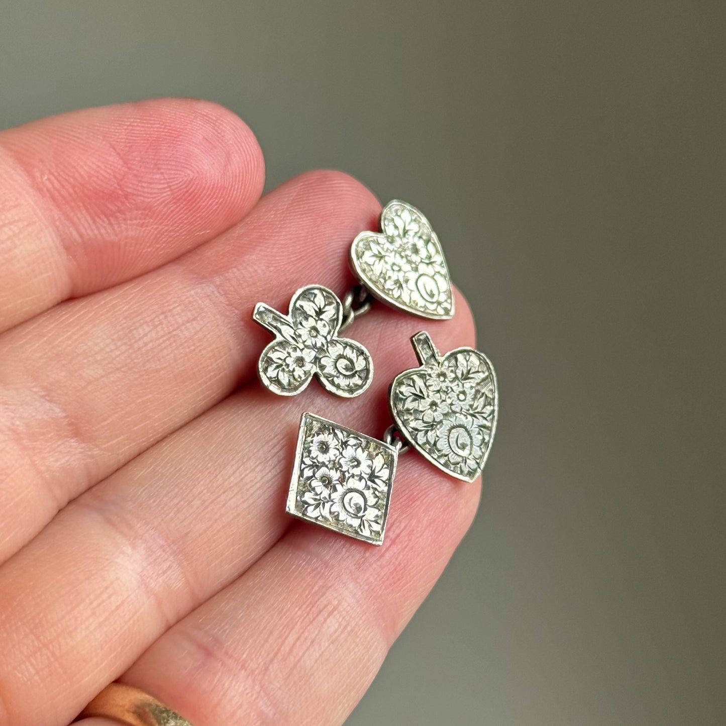 Victorian Silver Playing Card Suit Cufflinks; Circa 1898