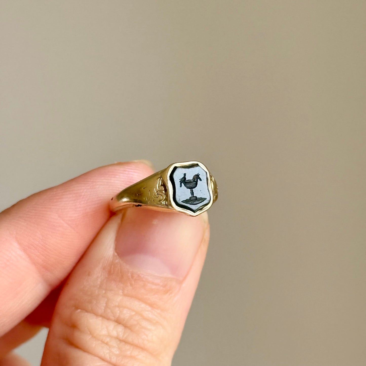 Antique Love Bird Intaglio Signet Ring in 9 Carat Gold; Circa 1860