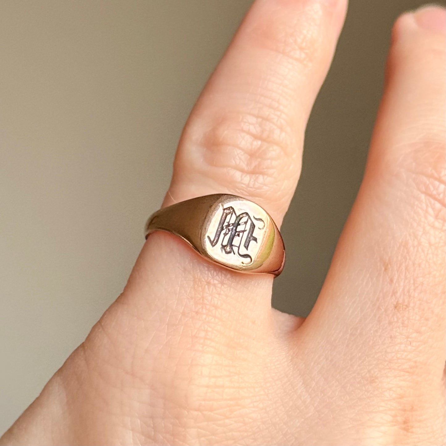 Antique Monogram 'M' Signet Ring in 9 Carat Rose Gold; Circa 1919