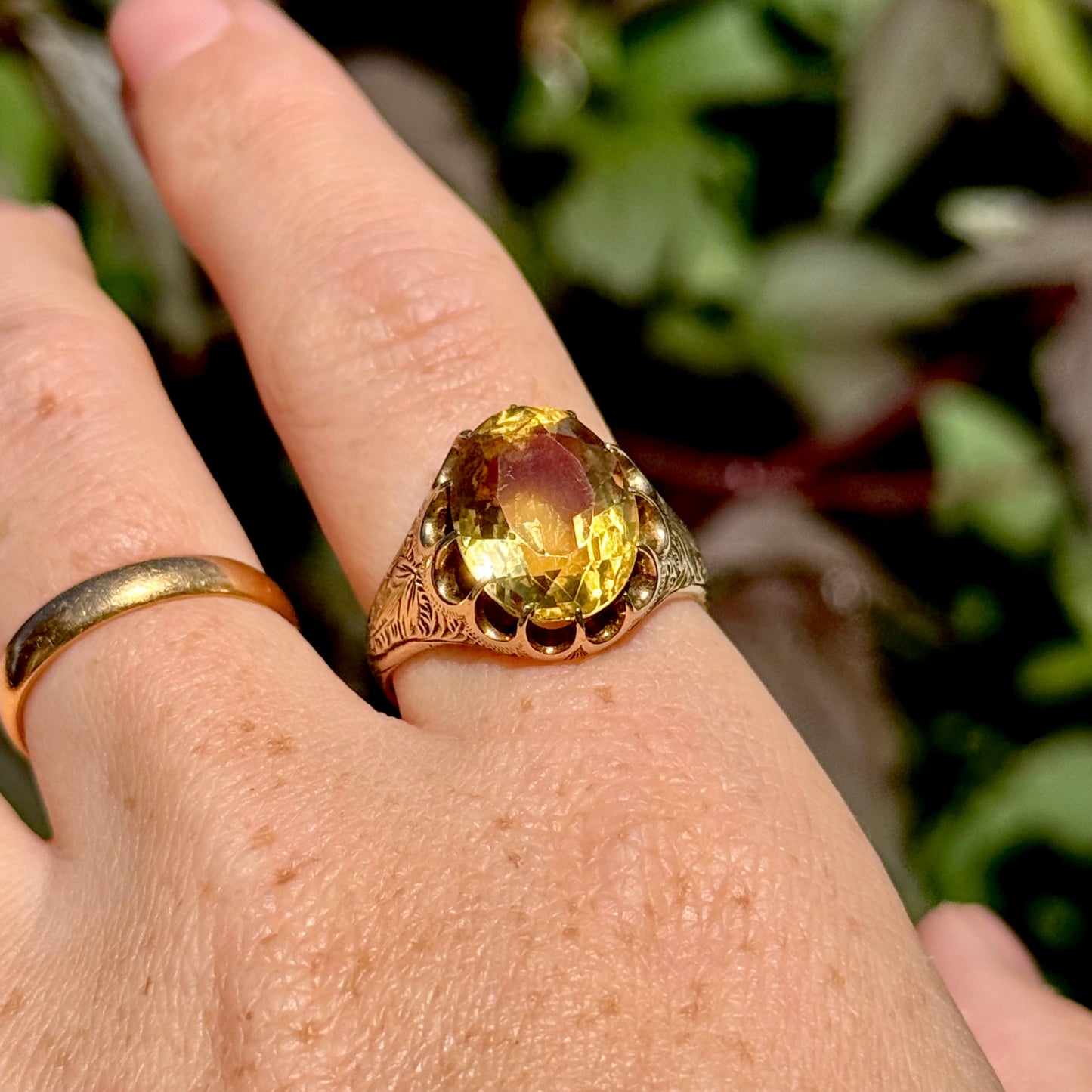 Victorian Citrine Engraved Ring in 9 Carat Gold ; Circa 1900