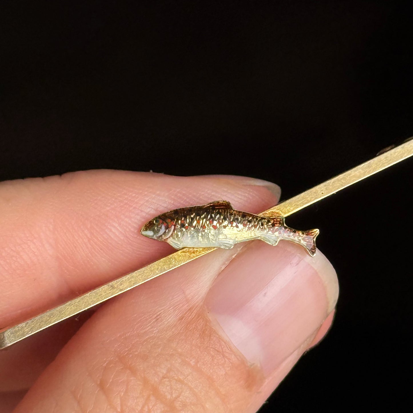 Antique Enamel Trout Gold Bar Brooch; Circa 1900
