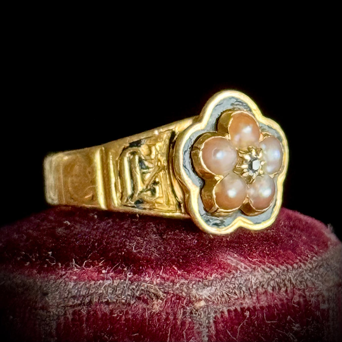 Victorian Diamond & Pearl Mourning Ring in 18 Carat Gold; Circa 1838