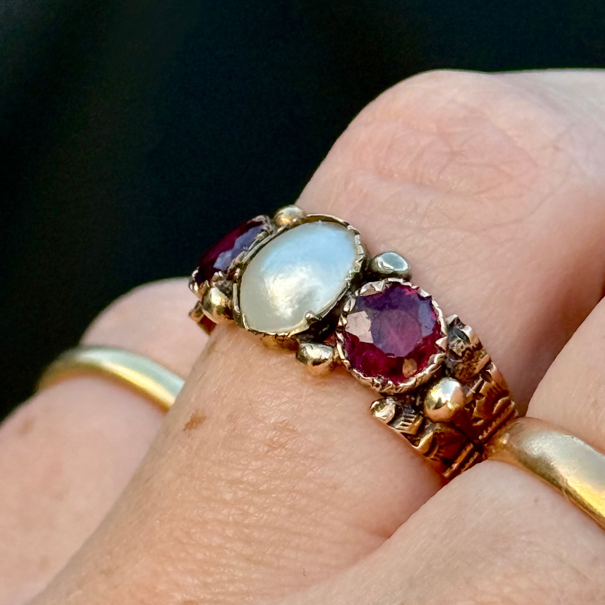 Antique Garnet & Blister Pearl Ring 18 Carat Gold; Circa 1875
