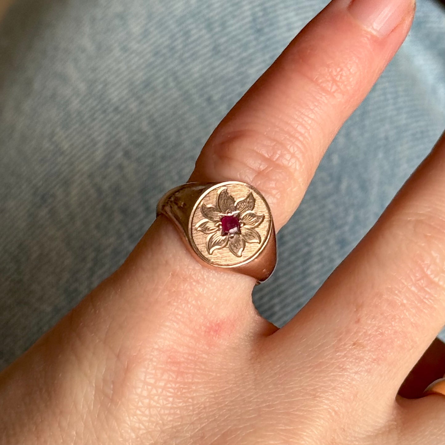 Antique Ruby Floral Signet Ring in 9 Carat Rose Gold; Circa 1919
