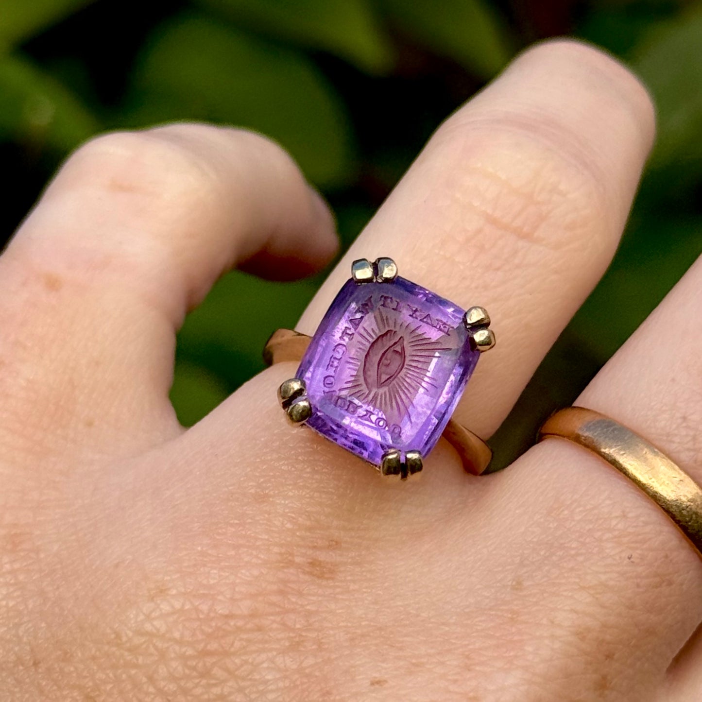 Vintage Amethyst Intaglio “May It Watch Over You” Ring in 9 Carat Gold