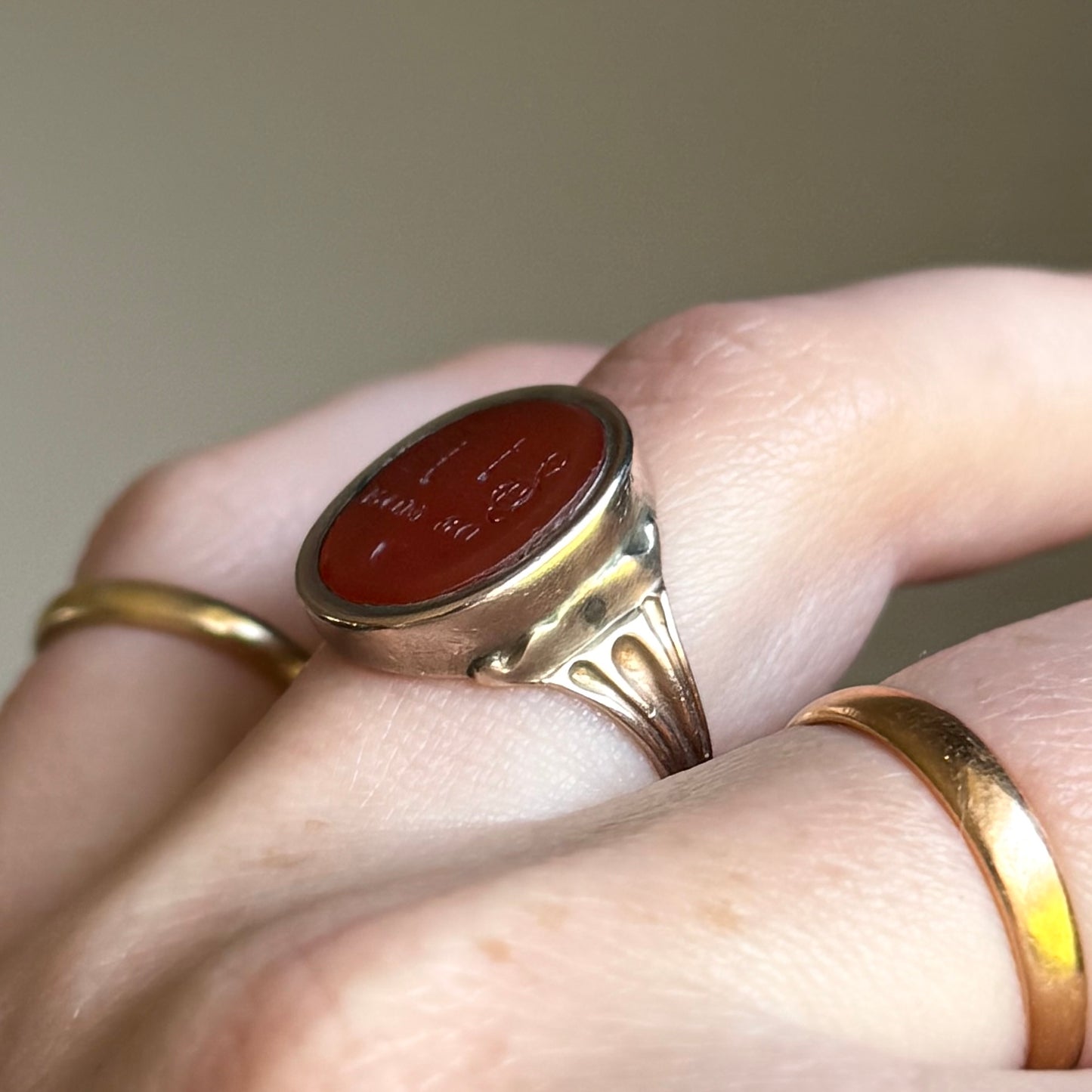 Antique Carnelian Rebus Intaglio Ring in 9 Carat Gold