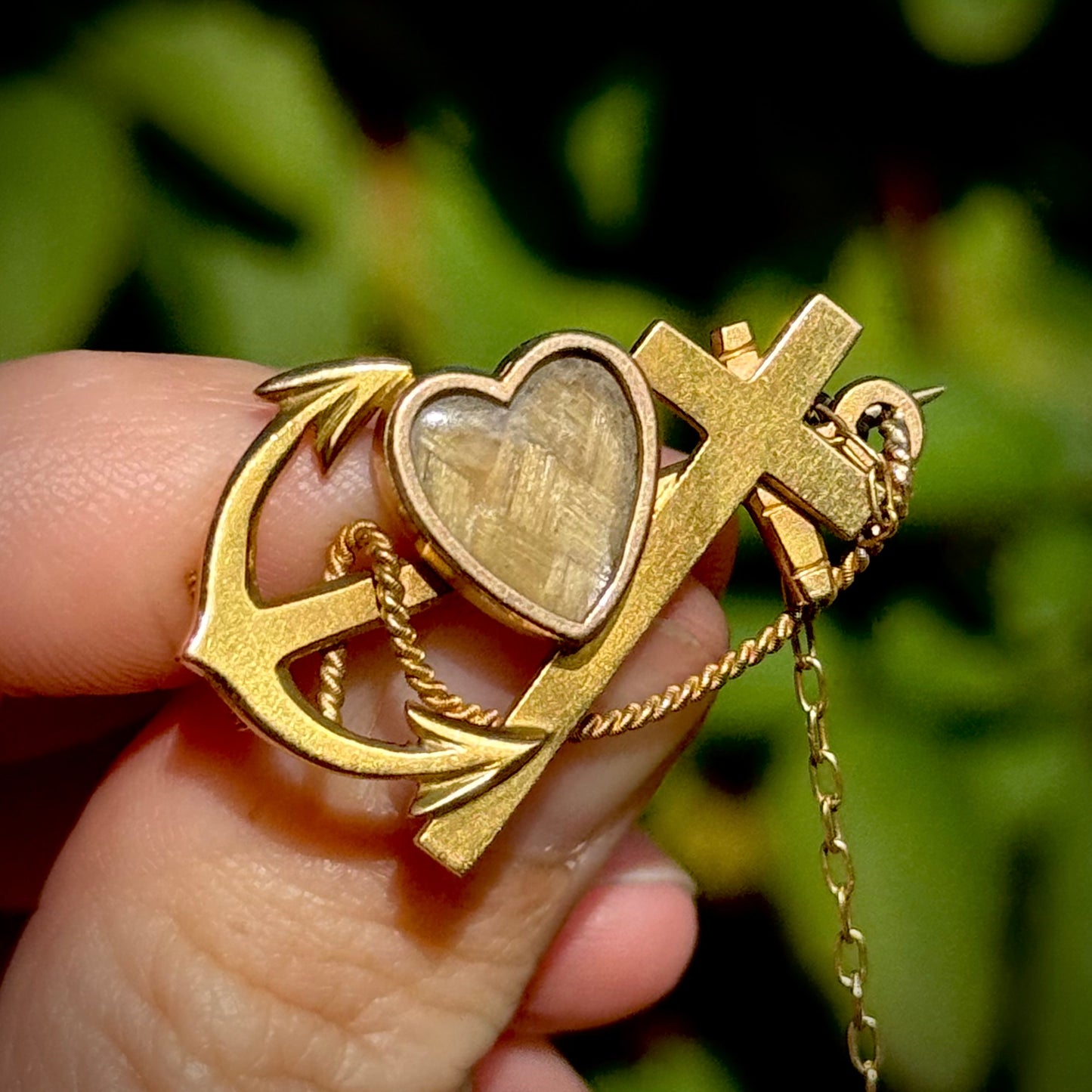 Victorian Faith, Hope & Charity Mourning Brooch in 15 Carat Gold