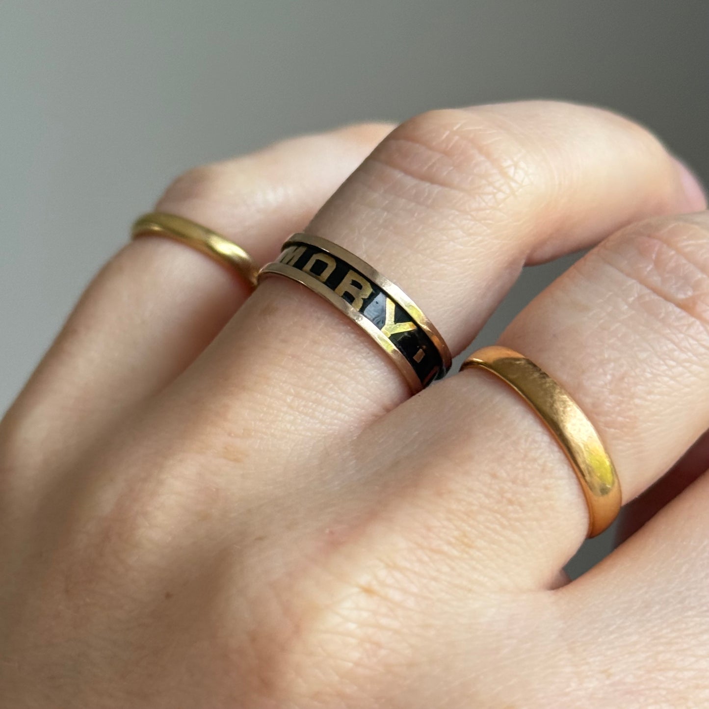 Antique Victorian Enamel Mourning Ring in 9 Carat Gold; Circa 1873