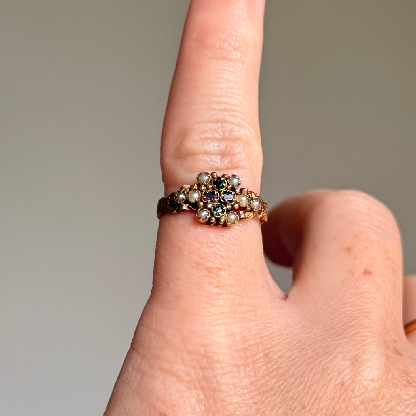 Antique Ornate Gemstone Ring in 15 Carat Gold; Circa 1873