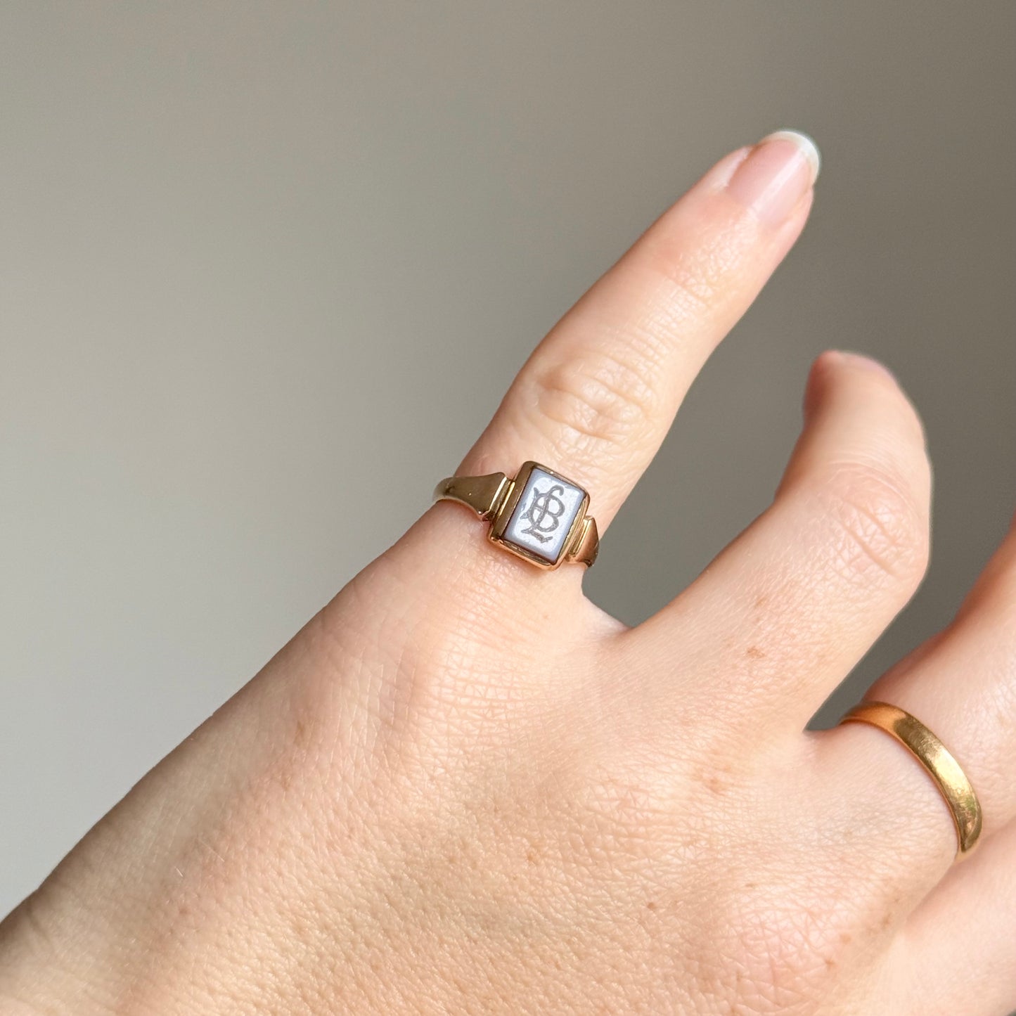Sardonyx Monogram Signet Ring in 9 Carat Gold; Circa 1900