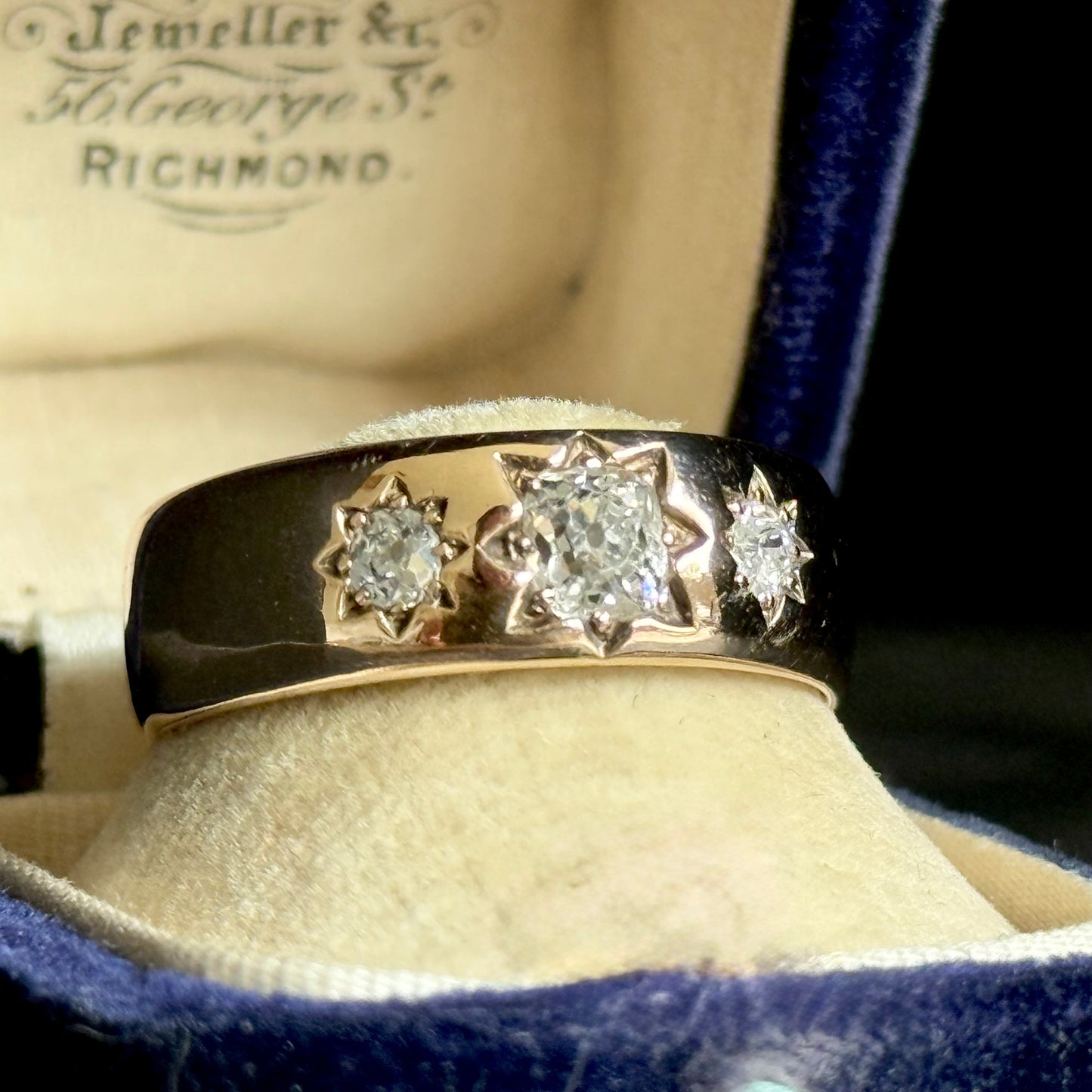 Antique Diamond Trilogy in 9 Carat Rose Gold Ring; Circa 1899