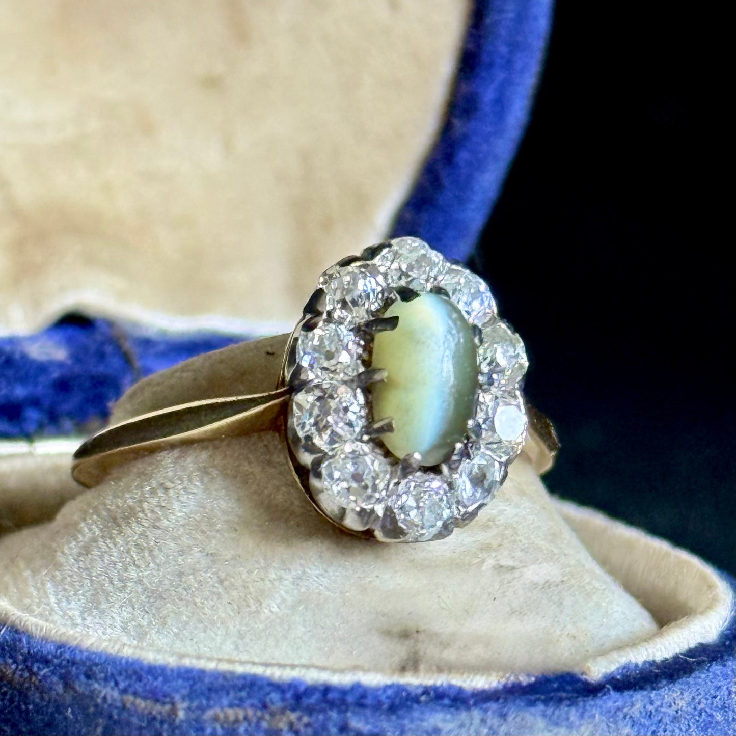 Antique Cat’s Eye Chrysoberyl & Diamond Halo Ring in 18 Carat Gold
