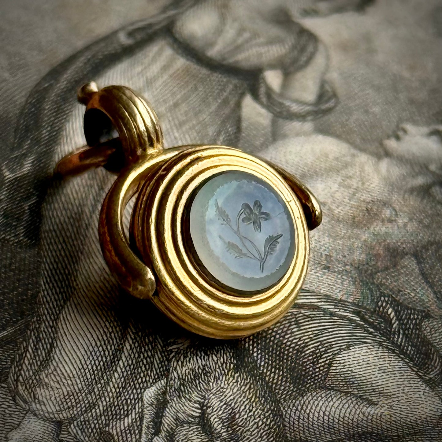 Georgian Owl & Forget me Not Intaglio Fob in 18 Carat Gold; Circa 1830