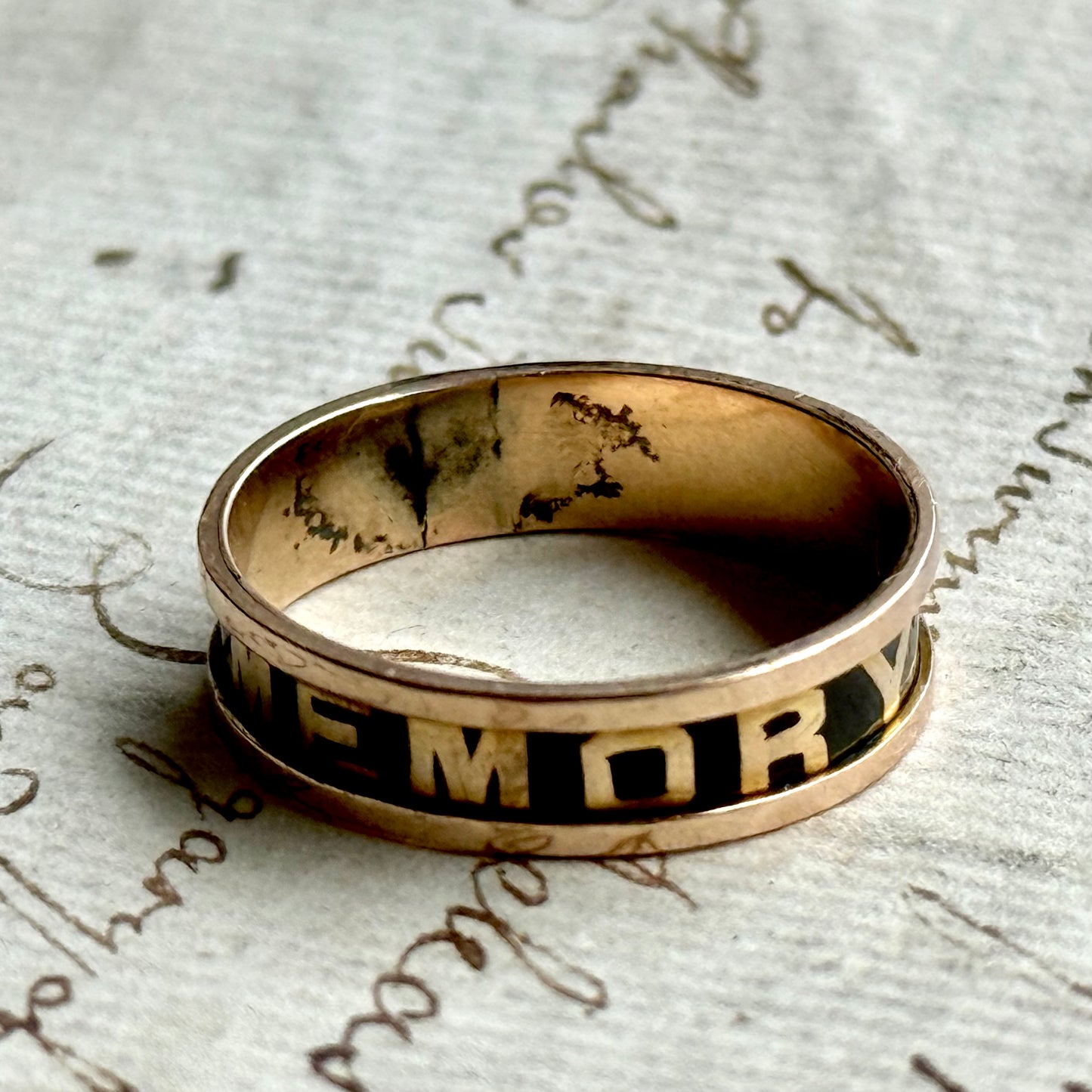 Antique Victorian Enamel Mourning Ring in 9 Carat Gold; Circa 1873