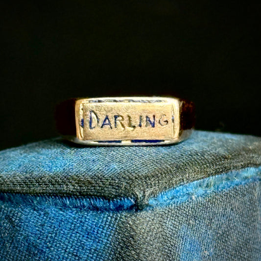 Antique Enamel 'Darling' Baby Ring in 14 Carat Gold