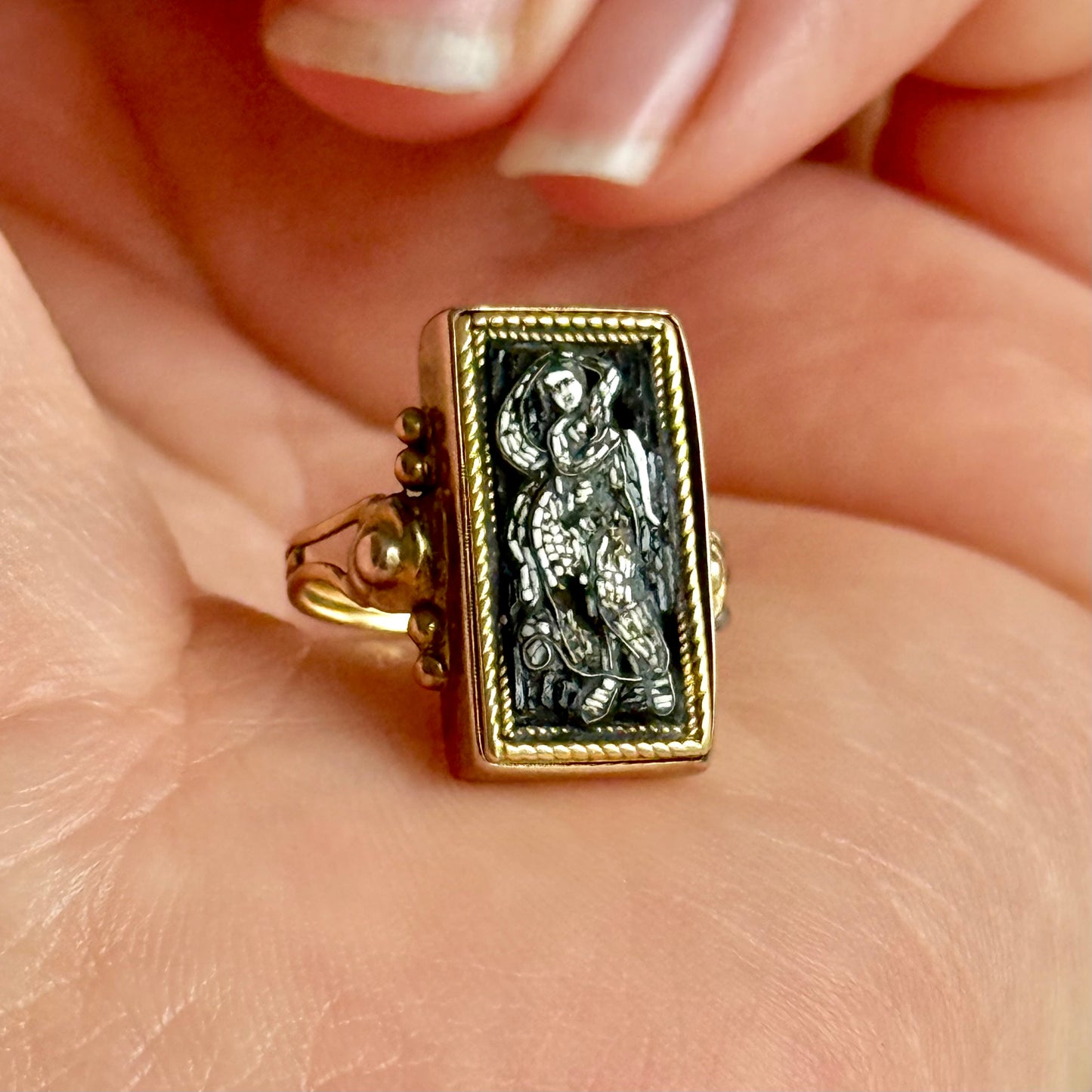 Victorian Micro Mosaic Panel Ring in 9 Carat Gold; 1850