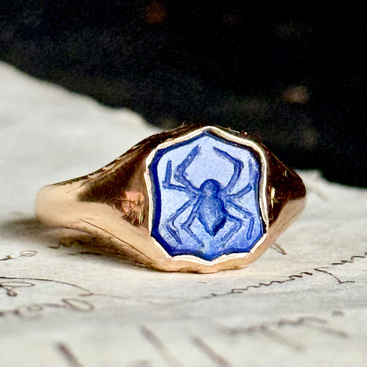 Spider Carved Lapis Lazuli Ring in 15 Carat Gold