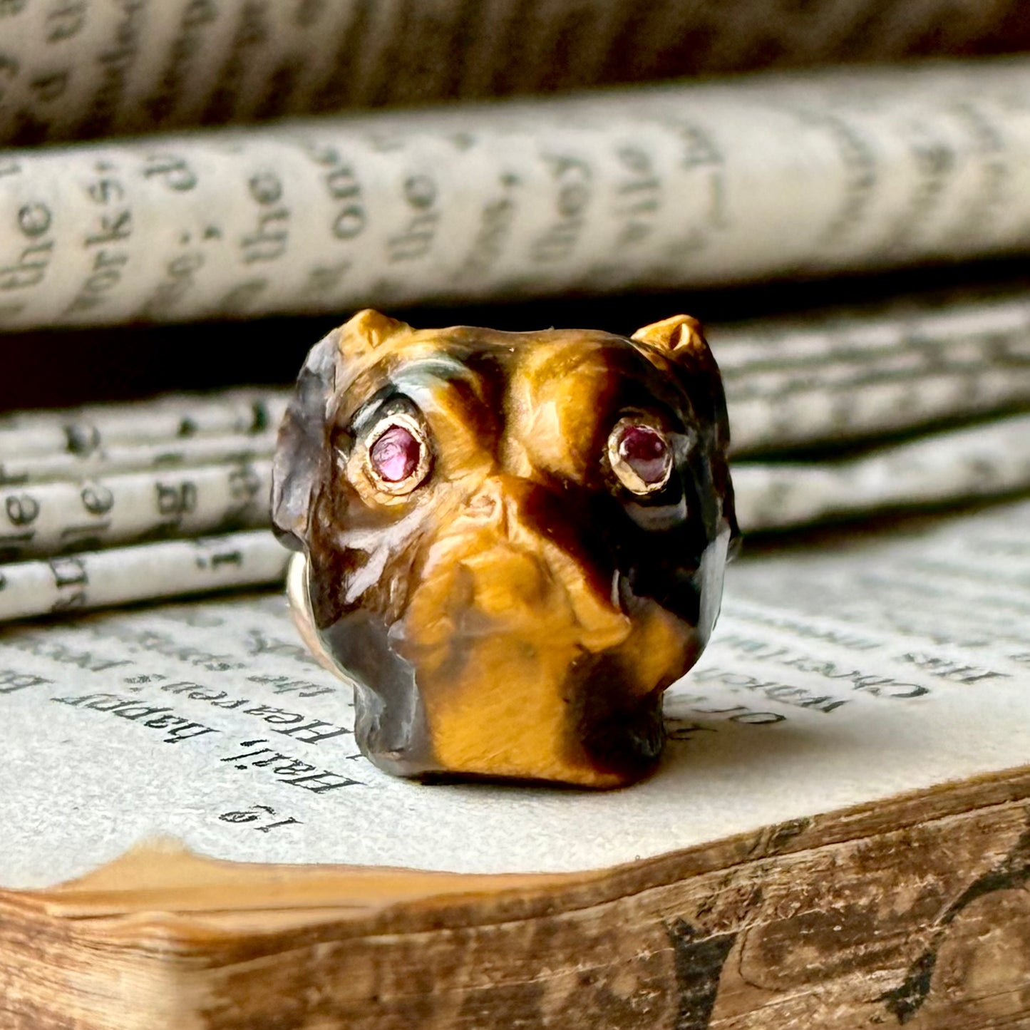 Antique Carved Tiger's Eye Pug Pendant With Ruby Eye's