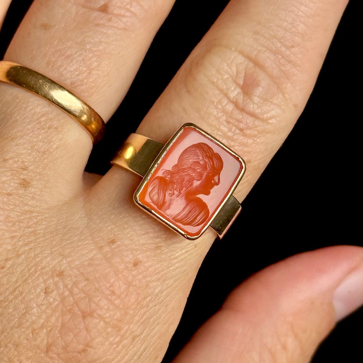 Antique Carnelian Female Intaglio Ring in 9 Carat Gold; Circa 1850