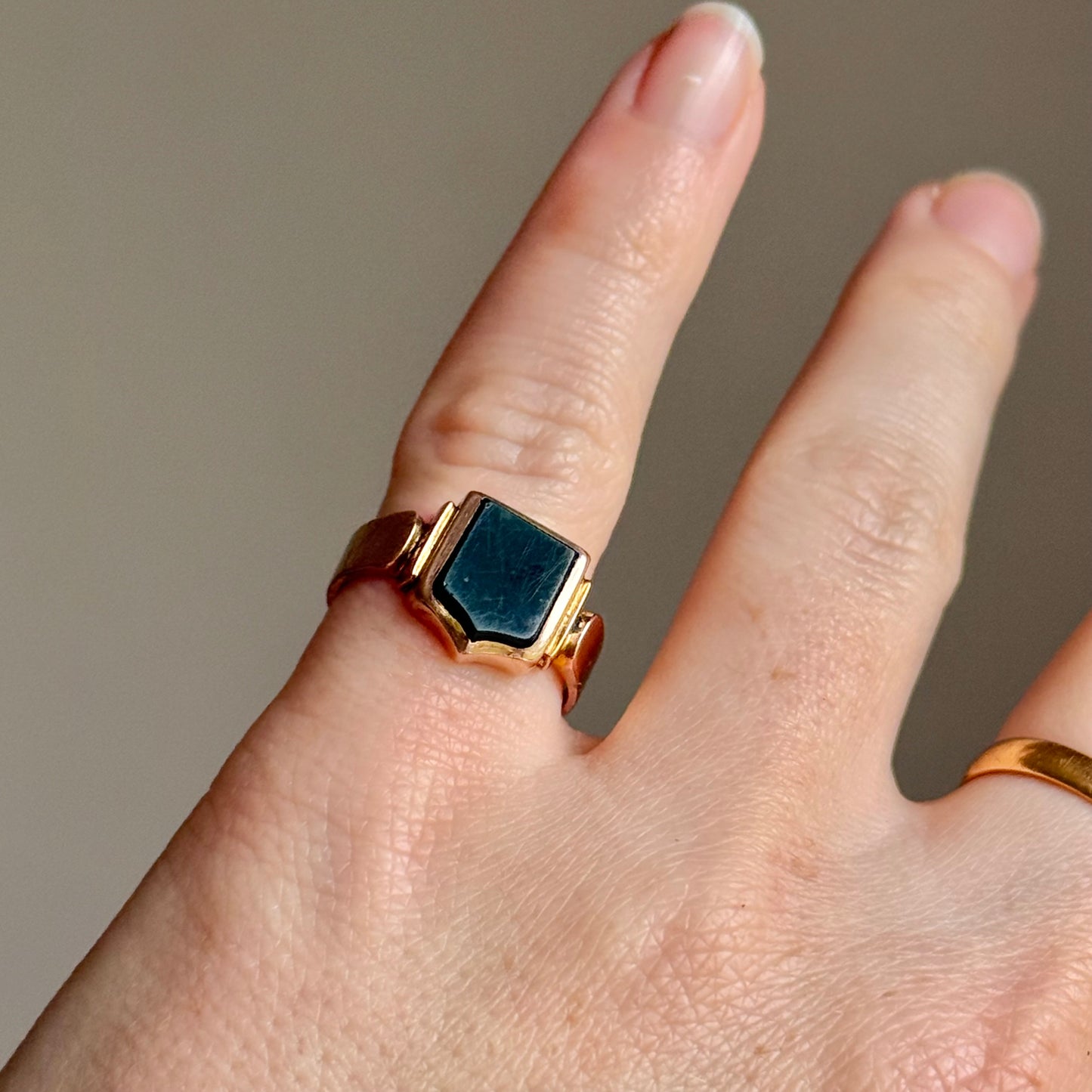 Antique Victorian Bloodstone Signet Ring in 9 Carat Rose Gold; Circa 1899