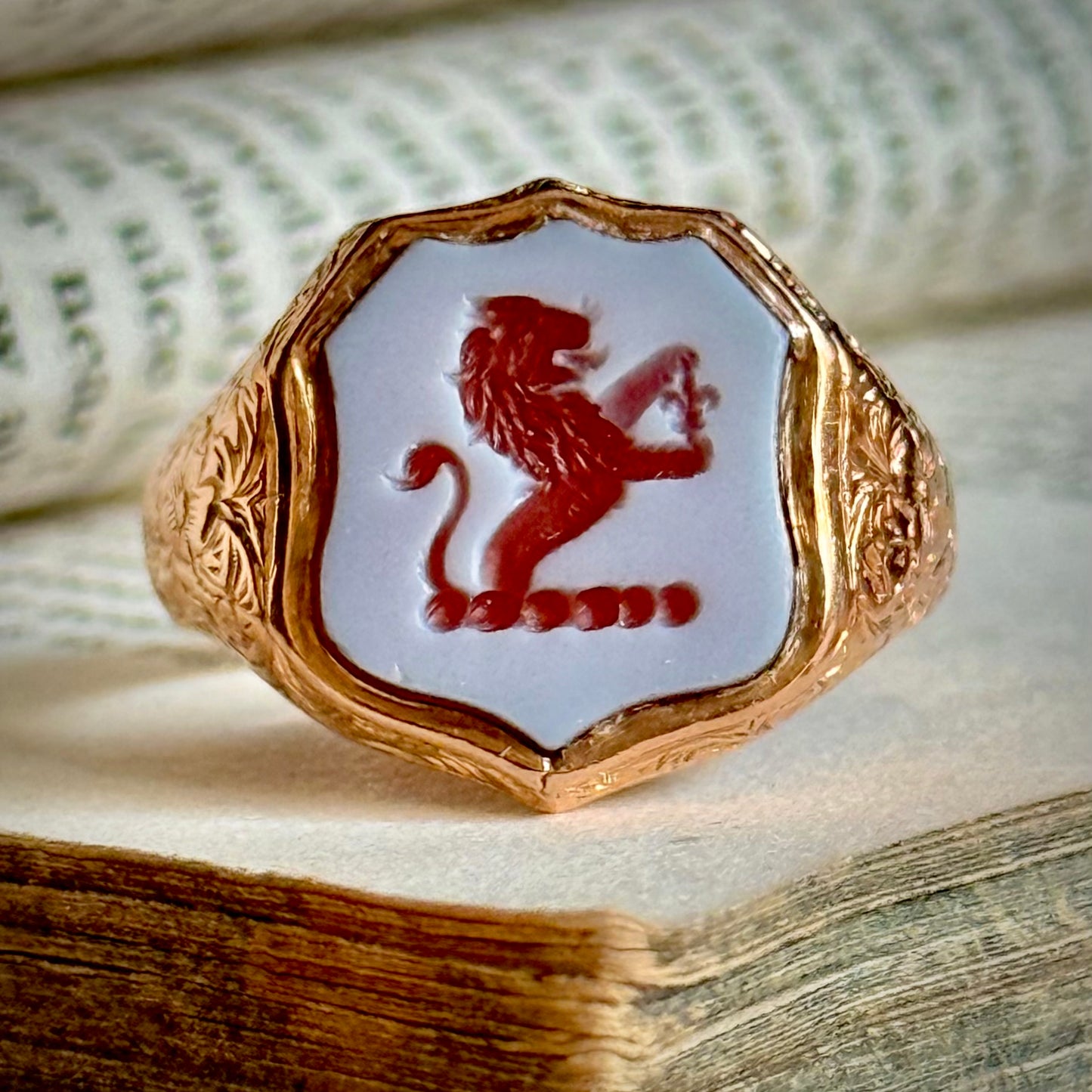Antique Lion Sardonyx Signet Ring in 9 Carat Rose Gold; Circa 1900