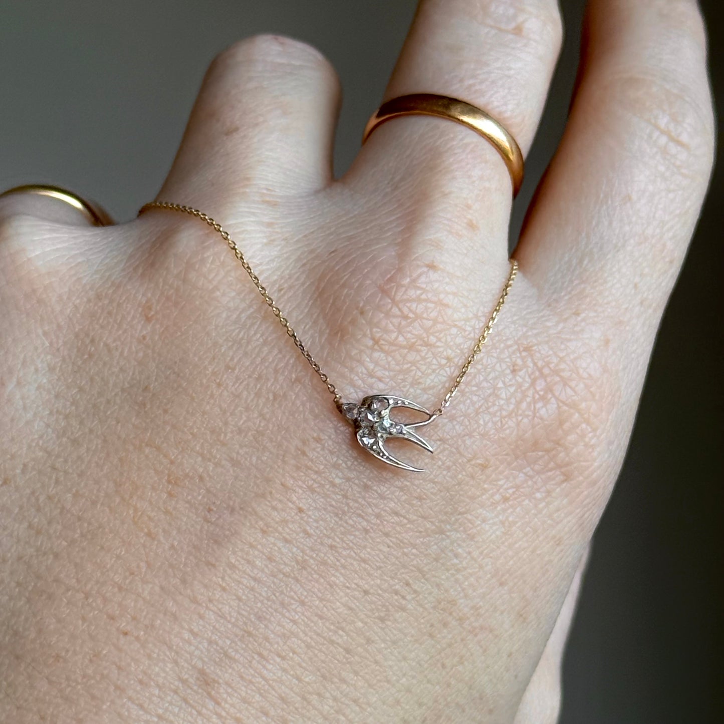 Rose Cut Diamond Swallow Necklace in 9 Carat Gold