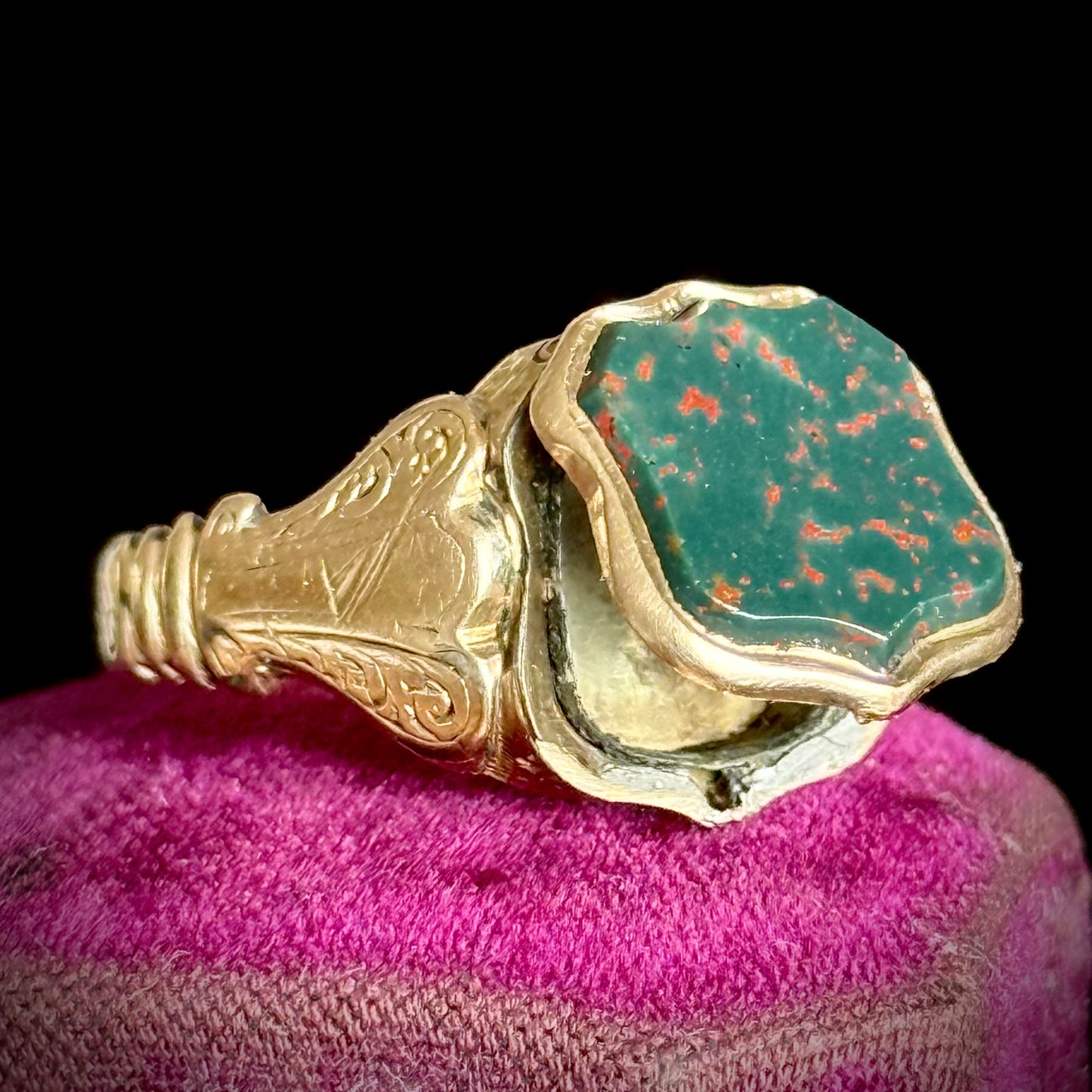 Victorian Bloodstone Locket Signet Ring; Circa 1870