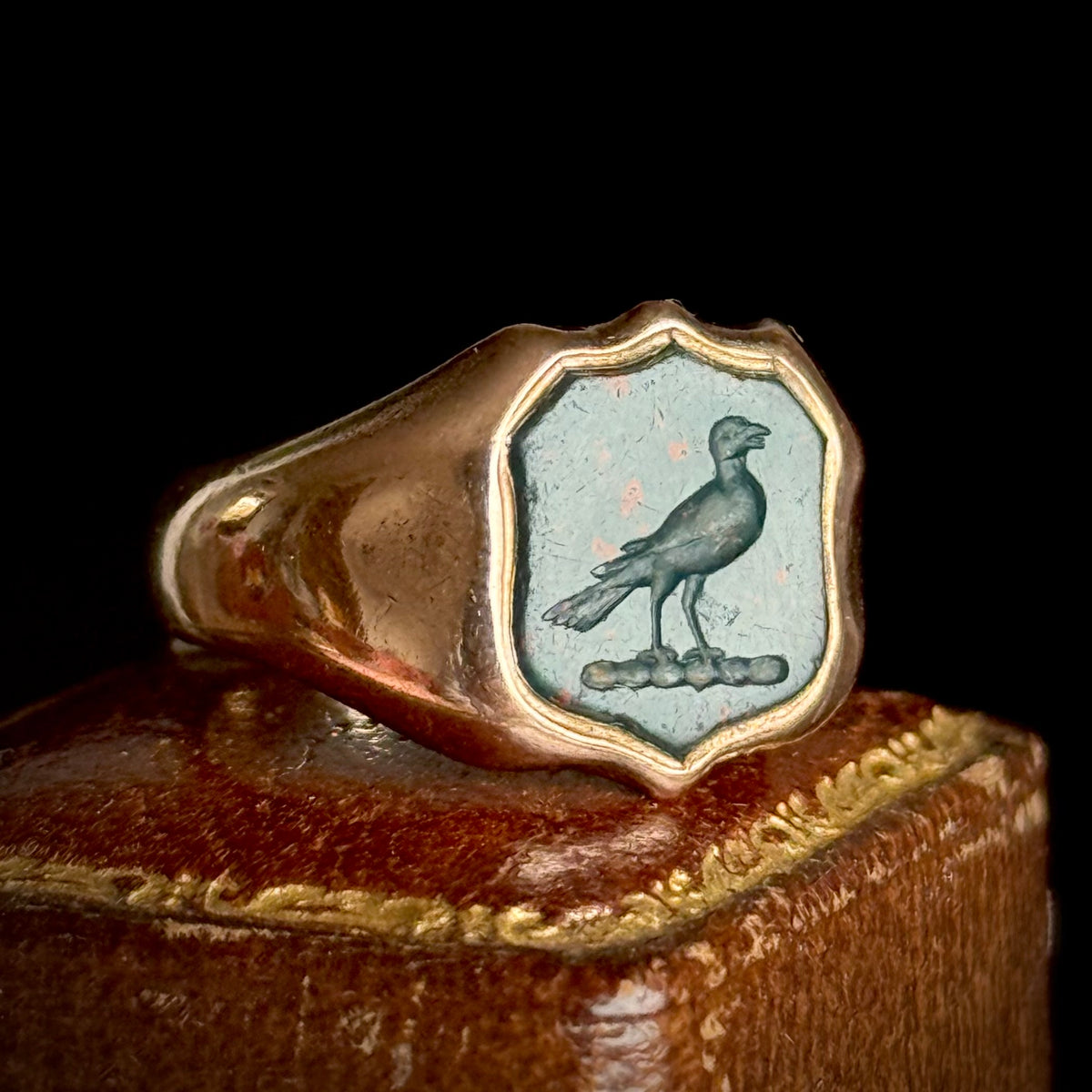 Antique Bird Bloodstone Intaglio Ring 9 Carat Rose Gold; Circa 1890