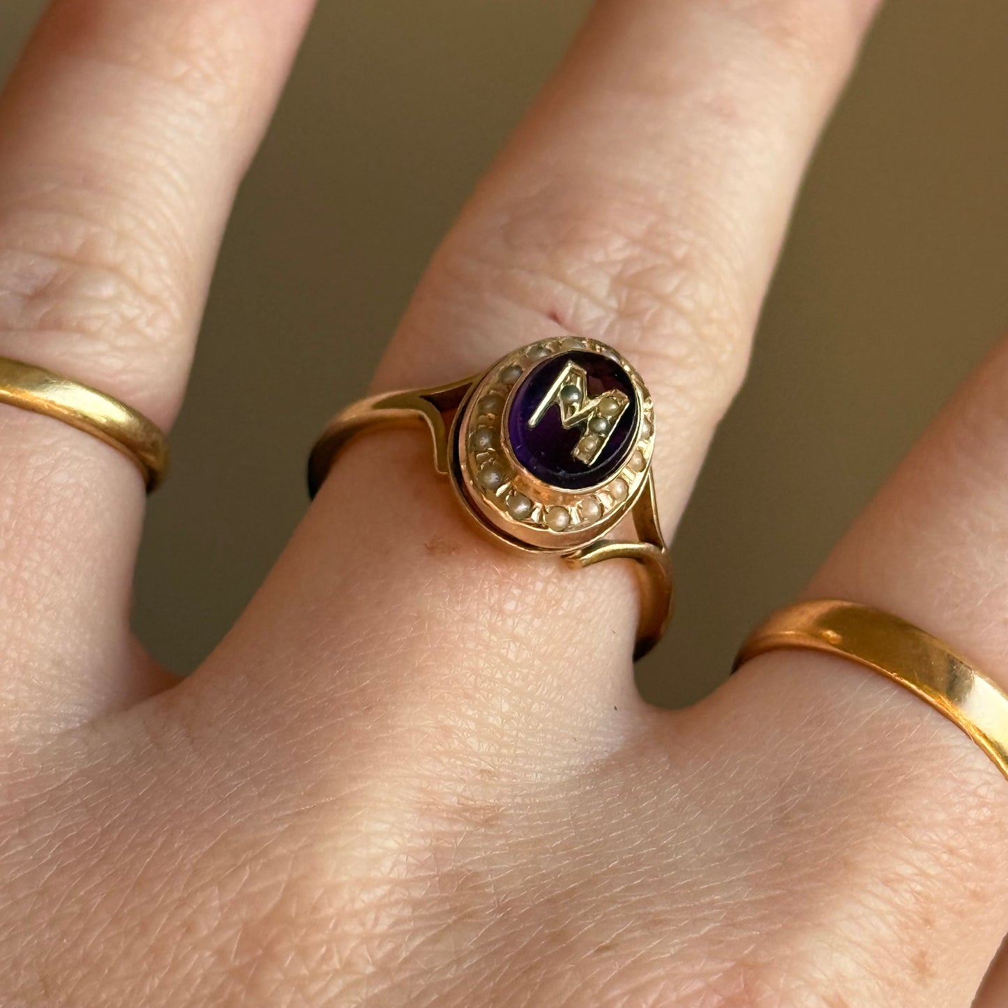 Antique Purple Paste & Pearl Initial 'M' Ring in 9 Carat Gold