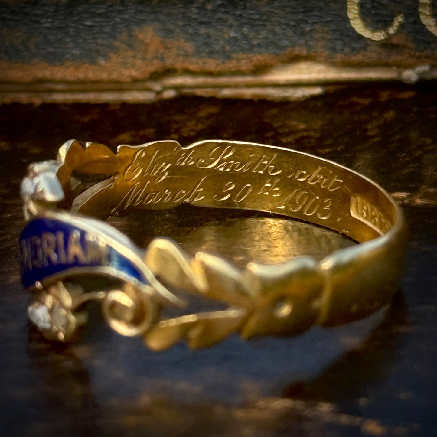 Antique Victorian Enamel & Diamond Mourning Ring