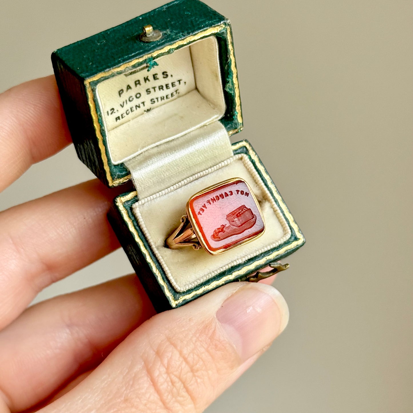Georgian Carnelian Intaglio Seal Ring  “Not Caught Yet” Mousetrap; Circa 1830