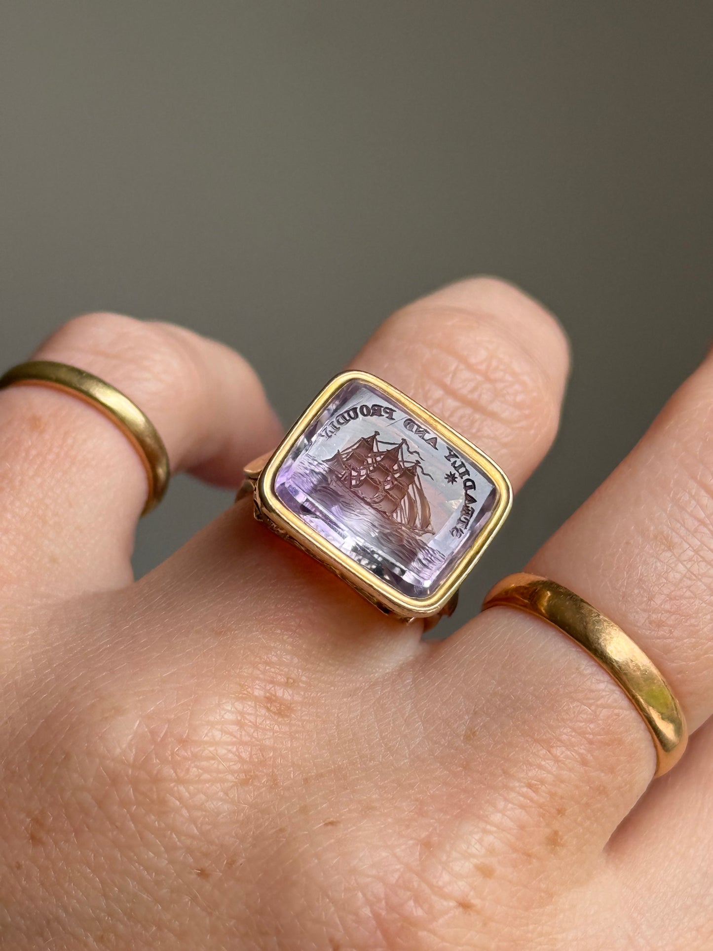 Georgian Amethyst Intaglio ‘Steadily and Proudly’ Conversion Ring,  Circa 18th Century