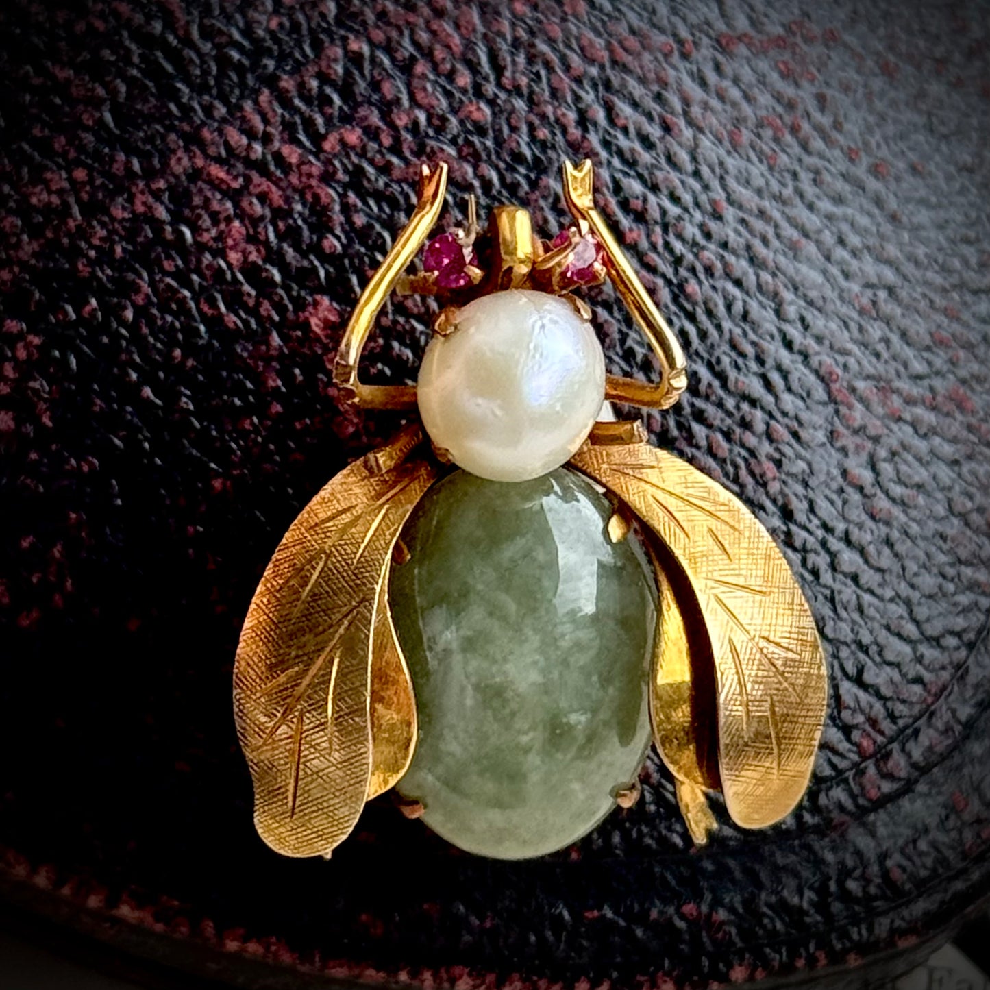 Vintage Jadeite, Pearl & Ruby Bee Brooch in 14 Carat Gold