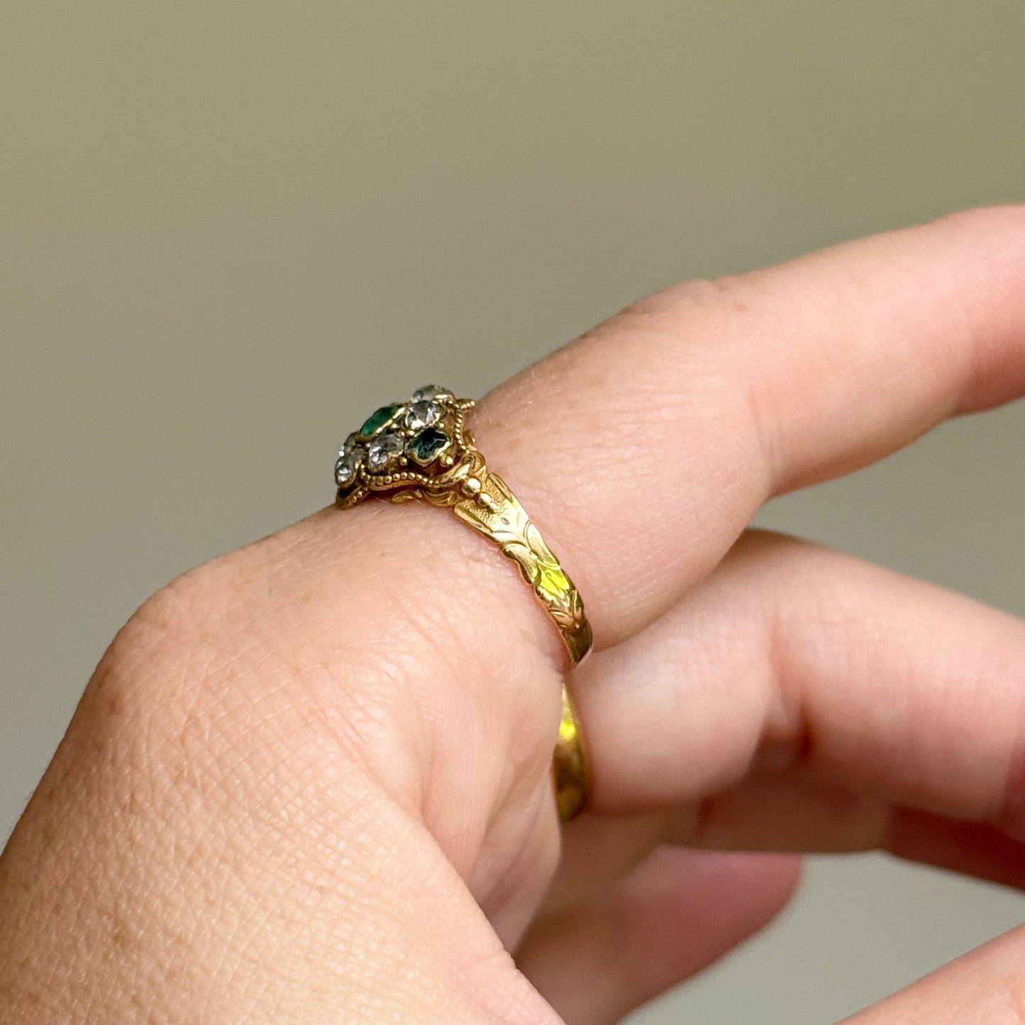 Victorian Emerald & Diamond Ring in 18 Carat Gold; Circa 1870