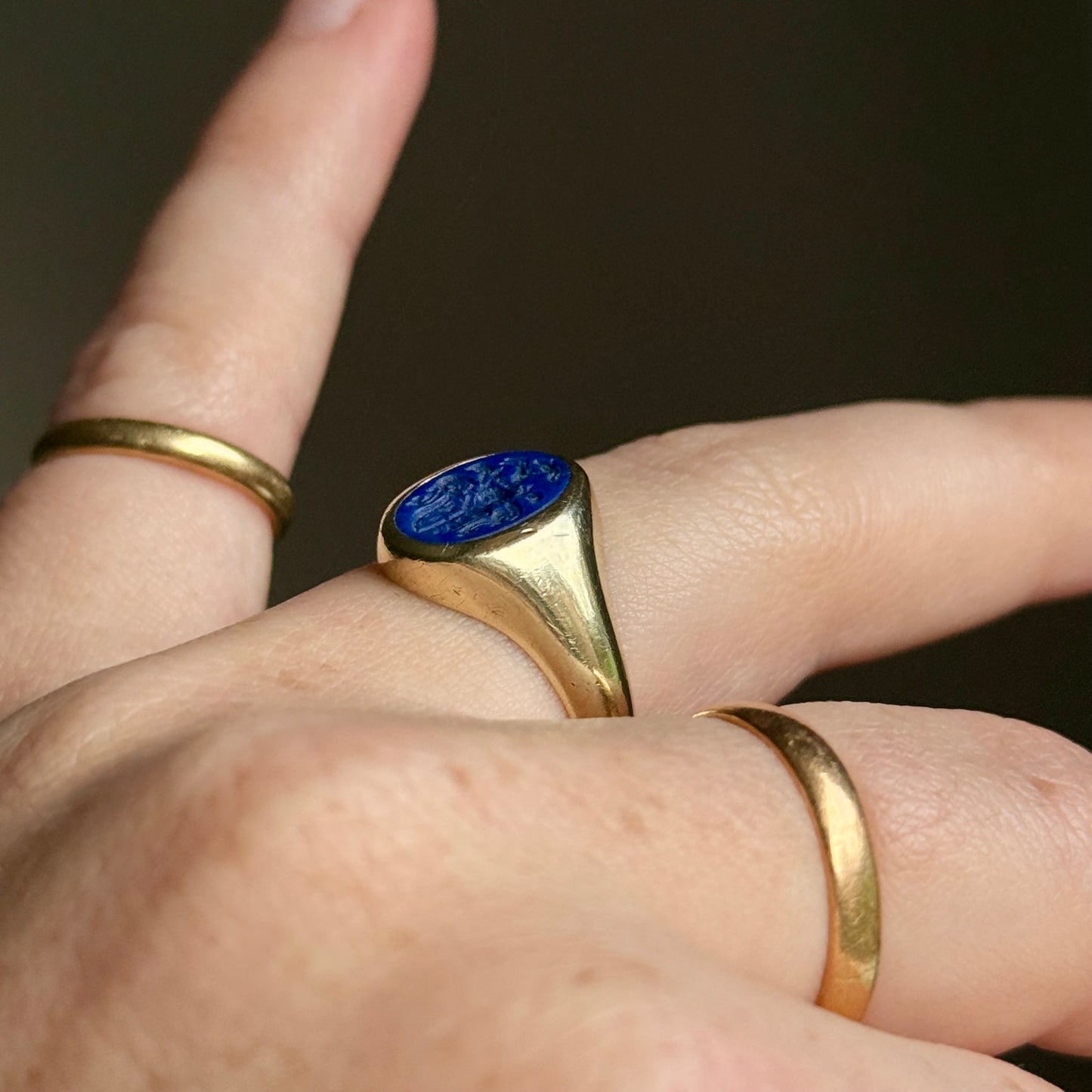 Vintage Lapis Lazuli Intaglio Signet Ring in 14 Carat Gold